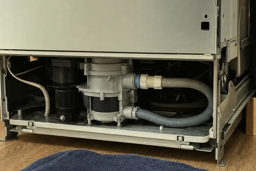 Base of a dishwasher opened up, the circulation pump, sump and grey drain hose exposed.
