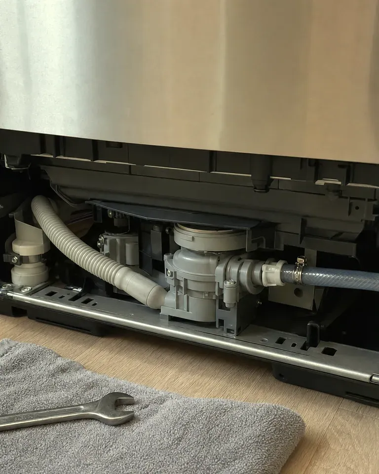 Dishwasher with its kick plate removed, showing the pump and hoses, a wrench on a towel in front.