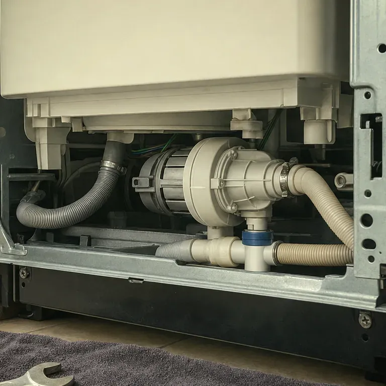 Close view of a dishwasher pump motor and its hoses beneath the tub.