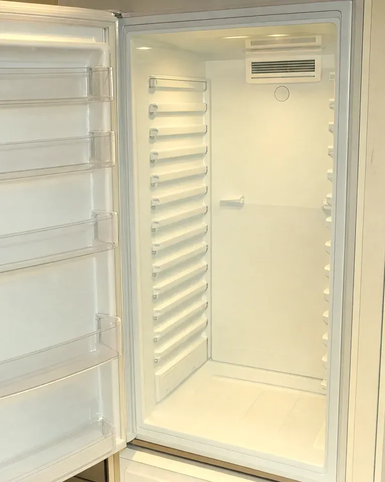 Tall refrigerator compartment standing open and empty, shelf supports along the side wall and clear bins on the door.